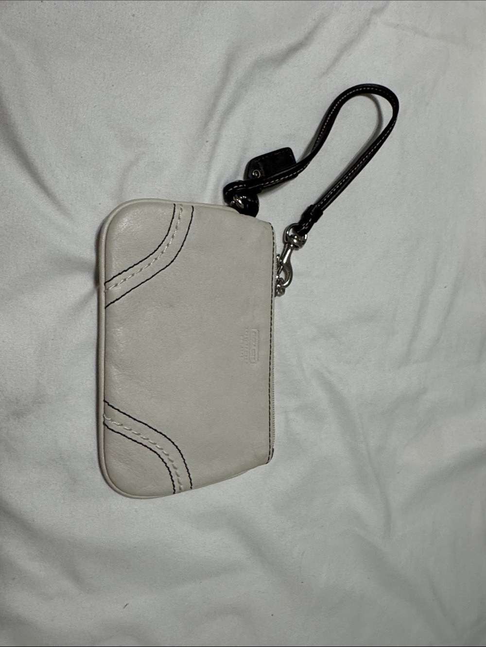 Coach White Leather Wristlet Phone Case with Black Strap